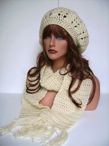 3 PIECE CREAM BONE HAND CROCHET RASTA HAT & BEANIE HAT AND SCARF SET SKI CAP TAM - Picture 1 of 12