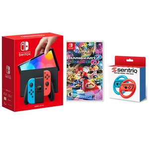 Nintendo Switch OLED + Mario Kart 8 Deluxe + Sentriq Wheel Joy Con Attachments - Picture 1 of 21
