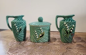Vintage Green Majolica Pottery Lily of the Valley Flowers Set Canister Jug - Picture 1 of 13