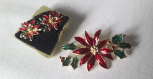 Vintage SFJ signierte Emaille Weihnachtsstern Brosche Ohrring Set NEW OLD STOCK - Bild 1 von 2