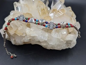 QUOC (QT) 925 Sterling Silver Turquoise & Red Coral Lápiz Lazuli  Bracelet E70 - Picture 1 of 12