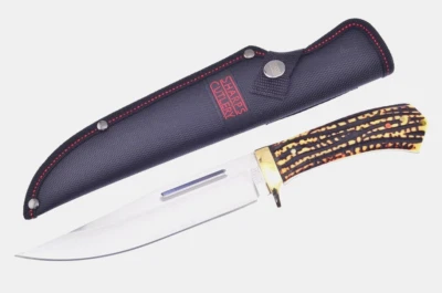 Hunting Bowie Knife Stag Bone Resin Handles Copper Guard + Nylon Sheath, 11-3/4" - Image 1 of 4