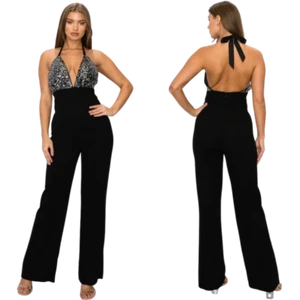Sexy Black Sequin Halter Backless Jumpsuit - Bild 1 von 4