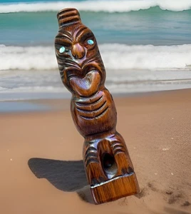 Vintage Tiki Woodek Maori Statue 7,5" geschnitzt Indianer Neuseeland Abalone Augen - Bild 1 von 9