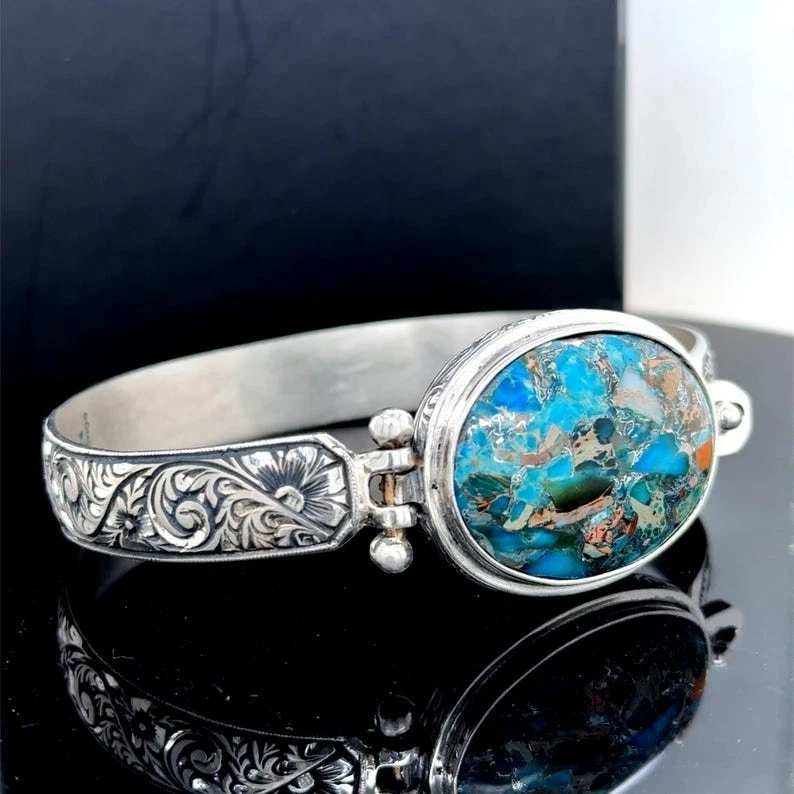 Silver Engraved Natural Turquoise Cuff Bracelet, Hand Engraved Turquoise Bangle - Image 1 of 4