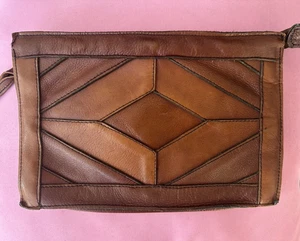 Vintage 1970s Brown Patchwork Leather Wristlet Clutch Document Pouch 11.5x8 - Picture 1 of 8