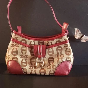 Etienne Aigner Vintage Signature Logo Print Handbag Purse Red Tan Brown - Picture 1 of 10