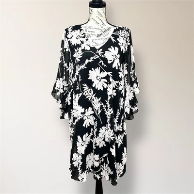 Calvin Klein Black White Floral Chiffon Dress Flutter Sleeve V-Neck Boho 12 - Image 1 of 4