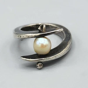 Vintage Modernist Sterling Silver Cultured Pearl Bypass Pinky Ring Sz 2.5 3.9g - Picture 1 of 14