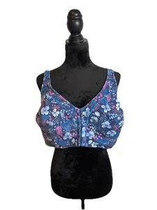 Comfort Choice Plus Size Cotton Front-Close Wireless Bra, Blue Floral 54C - Picture 1 of 6