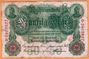 GERMANY 1908  Reichsbank Very Good 50 Mark  Banknote Paper Money Bill P- 32 - Picture 1 of 2