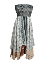Boho Gypsy Hippy Hi Low Strapless Dress 2 Layer Flared Printed Dresses S/M 
