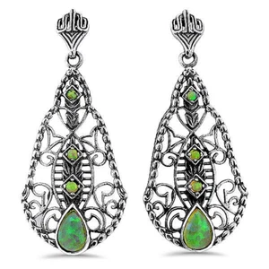 DECO ANTIQUE STYLE 925 STERLING SILVER LAB-CREATED GREEN OPAL EARRINGS #384 - Picture 1 of 2