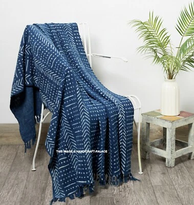 Indigo Hand Block Bedruckt Überwurf Decke Boho Schlamm Tuch Indisch Sofa Bett - Bild 1 von 4