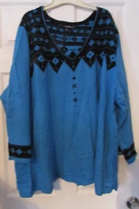 denim 24/7 sz 4X 34/36 bright blue v-neck with black sweater top shirt blouse - Picture 1 of 6