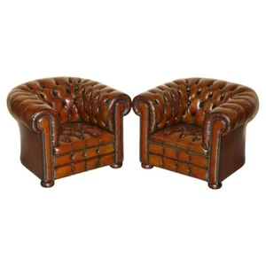 PAIR OF VINTAGE ART DECO RESTORED BROWN LEATHER CHESTERFIELD TUFTED ARMCHAIRS - Picture 1 of 23