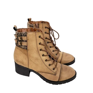 Rampage Womens Combat Boots Size 8.5 Brown Faux Lather Lace Up Buckle - Picture 1 of 13