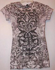 Sweet Girl Women's Small Gray/White Tee Cotton Blend Crystals  - Picture 1 of 3