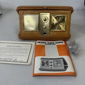 Vintage Portable Traveling Radio Transistor Alarm Clock with Cognac Leather Case - Picture 1 of 21