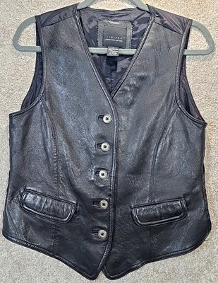 Chaleco de cuero negro limitado forrado bolsillos abotonados suave sexy para mujer mediano Foto 1 de 4
