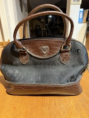 Heart Pattern Satchel Bag Faux Croc Trim Black Brown Dome Purse Unbranded - Image 1 of 4