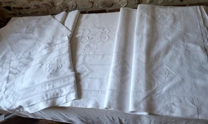 N35 Ancienne parure drap fil de lin brodé & dentelle + 2 taies monogr BB 236x336 - Imagen 1 de 24