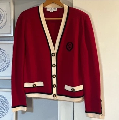 Chaqueta Blazer Suéter Vintage St. John Para Mujer Mezcla Lana Roja Borde Crema Talla L Foto 1 de 4