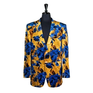 Mens Velvet Blazer 42R Floral Yellow Blue Sport Coat Formal Wedding Party Jacket - Picture 1 of 8