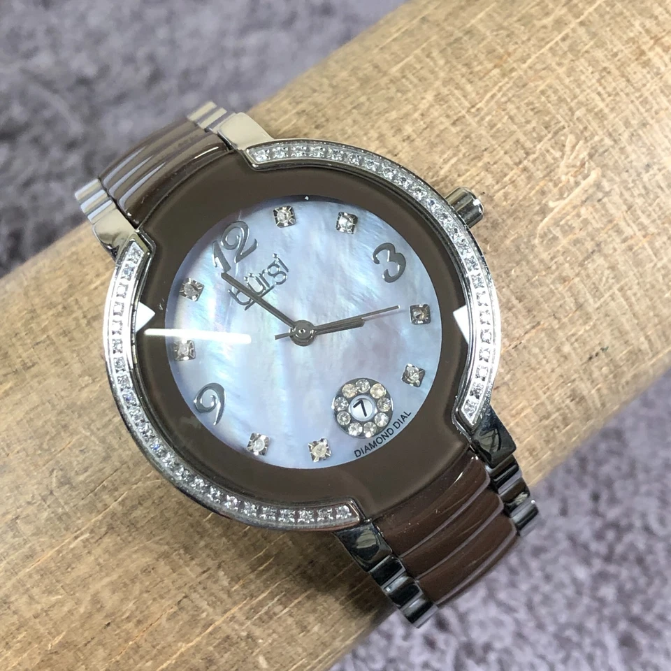 Burgi Women BUR072BR MOP Diamond Dial Date Bezel Ceramic 33mm Quartz Watch6 1/2" - image 1 of 4
