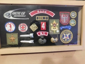 VINTAGE SHADOW BOX WITH BOY SCOUT PATCHES,PINS,SLIDES - Picture 1 of 12