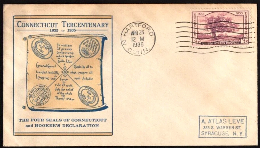 SC# 772,  Tercentenary of Connecticut First Day Cover,  Linprint cachet - Image 1 of 1