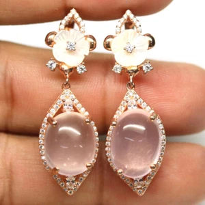 925 Plata de Ley Rosa Cuarzo Rosa, Nácar Y Circonita Pendientes - Imagen 1 de 4