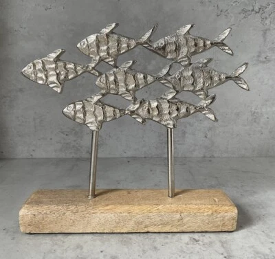 Deko Statue Aufsteller Fische auf Sockel Alu & Holz Maritim Meer Strand Sommer - Bild 1 von 2