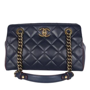 Chanel Cambon Leather Quilted Shoulder Bag Medium Blue - Picture 1 of 11