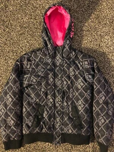 FOX RACING Girls Black/Gray Plaid Print Softshell Hot Pink Lined Jacket W/Hood M - Picture 1 of 10