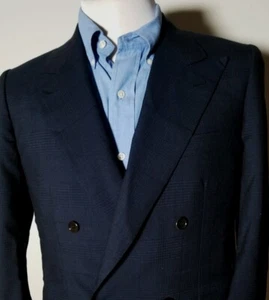 46S 56C Brioni Blue Black Tonal Glen Check Double Breasted Blazer Jacket Coat - Picture 1 of 8