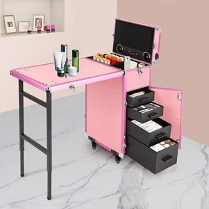Reise Kosmetik Trolley rosa rollbar Maniküre Schreibtisch Make-up Zug Koffer US Standard - Bild 1 von 23
