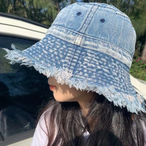 Unisex Adultos Denim Cubo Sombrero Deshilachado Envejecido Jean Ala ancha Informal - Imagen 1 de 14