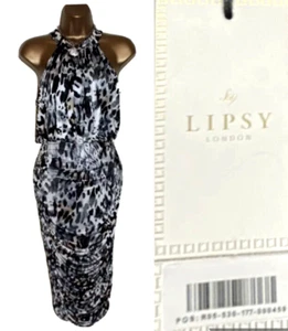 Lipsy Bodycon Dress 12 Slinky Ruched Halter Wiggle Party Animal Leopard Mono - Picture 1 of 21