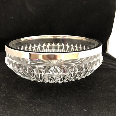Cuenco para servir vintage de cristal de plomo, borde de plato de plata extraíble Inglaterra 8 1/2" Foto 1 de 4