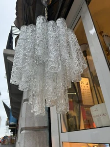 GRANDE LAMPADA 70s TUBI CORTECCIA VENINI ZUCCHERI VISTOSI MURANO BIG CHANDELLIER - Imagen 1 de 19