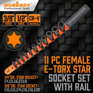 11PC Female E-TORX Star Socket Set External E4-E20 Torque 3/8" 1/4" Dr. & Rail - Picture 1 of 9