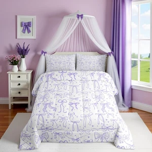 Purple Bowknots Comforter Set Full Size,Cartoon Hand Drawn Stars Love Bow Bed... - Picture 1 of 9