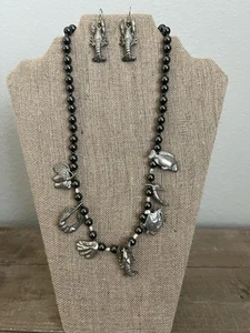 Maurice Milleur Sea Life & Lobster Handmade Pewter Hematite Necklace Earring Set - Picture 1 of 10
