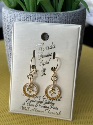 Genuine Crystal Dolphin Earrings 18kgp Never Tarnish Handcrafted Dangle Drop NWT - Image 1 of 4