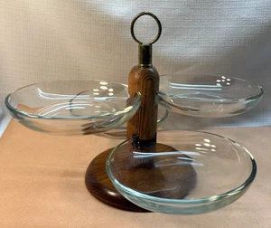Vintage FENTON Glass Wood Tray Holder-4 Glass/Crystal Trays with Brass Handle - Picture 1 of 6