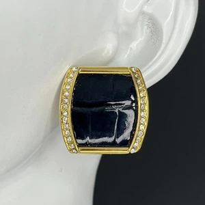 Joan Rivers Gold Tone Earrings Crystals Blue Croc Embossed Leather Pierced Vtg - Picture 1 of 7