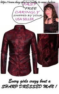 XXL SEXY VINTAGE PAISLEY BLACK RED METALLIC DATE NIGHT CLUB WEAR FORMAL SHIRT - Picture 1 of 8