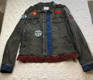Custom Large Upcycled Black Wash Denim Trucker Jean Jacket Patches Painted Rush - Picture 1 of 17