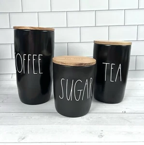 New Rae Dunn COFFEE, TEA & SUGAR Black Cellar Wood Lid Set of 3 Canisters - Bild 1 von 10